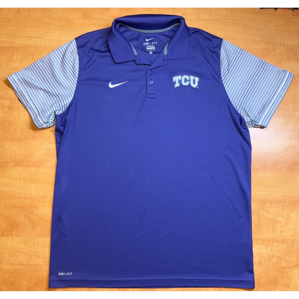 Nike TCU Horned Frogs Dri-FIT Polo Shirt Mens XL Purple Striped Sleeve‎ NCAA